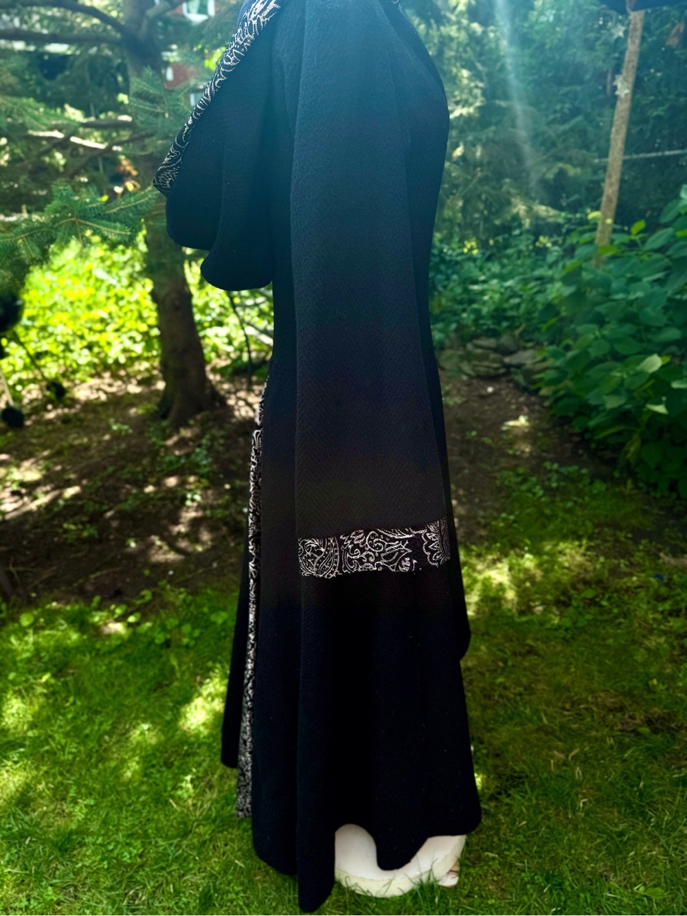 One of a kind Gothic Black wool Hooded Zip-Front Coat with Printed Trim - Picture 7 of 9